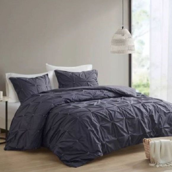INK+IVY Masie Elastic Embroidered Gray Cotton FULL QUEEN Duvet Cover Set 3pc - Picture 2 of 10